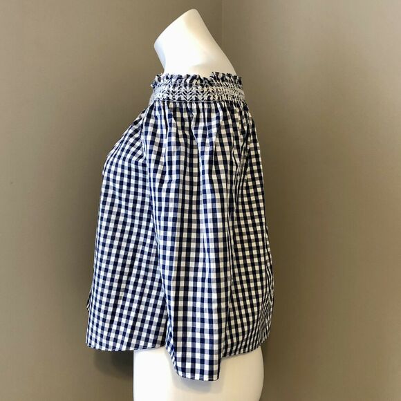 Madewell Gingham Blouse XXS Off Shoulder Navy Blue And White Checked Loose Fit - Picture 3 of 11